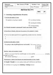 English Worksheet: mid term test n2 3rd form