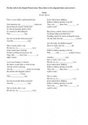 Simple Present Listening Worksheet with Lucky (Britney Spears) lyrics