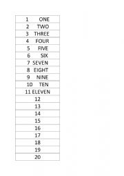 English Worksheet: 1-20