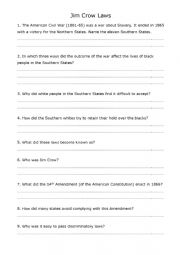 English Worksheet: Jim Crow Laws Comprehension