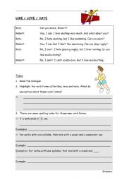 English Worksheet: Introduction of the gerund after like love hate