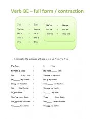English Worksheet: Verb BE contraction 