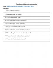 English Worksheet: 7 Continents of the World Video Questions
