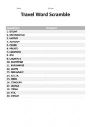 English Worksheet: Travel Words Scramble and Survey