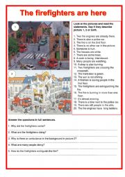 English Worksheet: Picture description - The firefighters are here