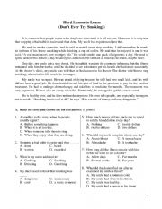 English Worksheet: Hard Lesson to Learn (Don�t Ever Try Smoking!)