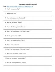 English Worksheet: The solar system video questions