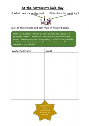 English Worksheet: Dialogue/Role play: at the restaurant