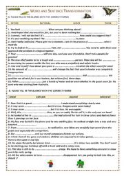 English Worksheet: WORD AND SENTENCE TRANSFORMATION