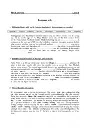 English worksheet: Language tasks  Level 1  term 1