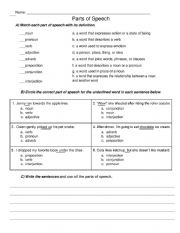 English Worksheet: parts of speech worksheet