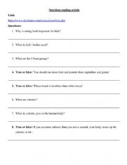 English Worksheet: Nutrition Reading Comprehension