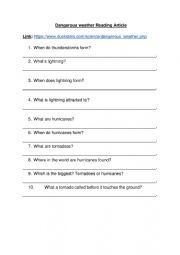 English Worksheet: Dangerous Weather Reading Comprehension