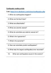 English Worksheet: Earthquakes Reading Comprehension