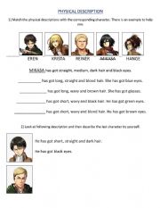 English Worksheet: Attack on Titan (hair description)