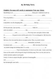 English Worksheet: My Birthday Party Guided Writing + Sample Essay (For 7th and 8th formers)