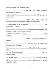 English Worksheet: Although But So Because