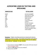 English Worksheet: Acronyms Used in Speaking and Texting