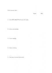 English Worksheet: Warmer: Find someone who...