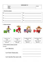 English Worksheet: Countries, ages and numbers