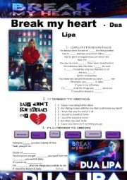 Break My Heart Dua Lipa Song Activity Esl Worksheet By Teacher Jane Oliveira - break my heart dua lipa roblox id