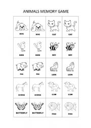 English Worksheet: ANIMALS - MEMORY GAME