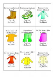 clothes 2 (go fish) with questions: do you wear ...? yes, I do/ no, I dont