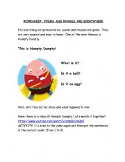 English Worksheet: Humpty Dumpty Rhyme Worksheet