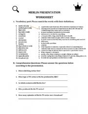 English Worksheet: Worksheet for King Arthur and Merlin Presentation