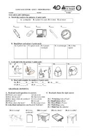English Worksheet: Classroom objects, classroom commands,numbers,shapes quiz