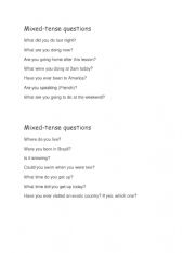 English Worksheet: Mixed - tense questions