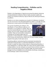 English Worksheet: Reading comprehension - Pollution