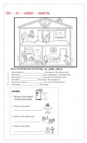 English Worksheet: prepositions on in under next to