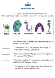 English Worksheet: Monsters Inc reading comprehension