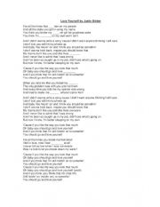 English Worksheet: Love Yourself Justin Bieber Song to practice reflexive pronouns