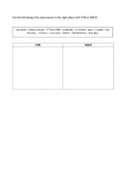 English Worksheet: For and Since