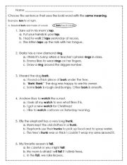 English Worksheet: Homonyms, Multiple Meaning Words 