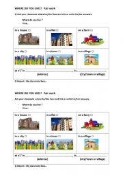 English Worksheet: Where do you live ? Pair work