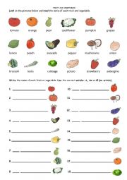 English Worksheet: ARTICLES A / AN - FRUIT & VEGGIES