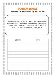 English Worksheet: Since and for worksheet