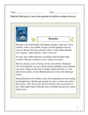 English Worksheet: Reading comprehension about Ramadan