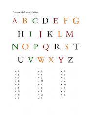 English Worksheet: the alphabet to complete words