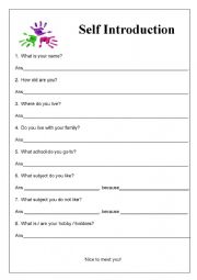 English Worksheet: Self introduction