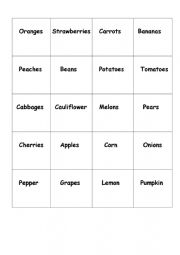 English Worksheet: fruits and vegetables memory game