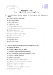 English worksheet: algebra