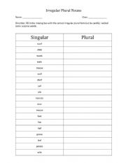 English Worksheet: Irregular Plural Form Worksheet 