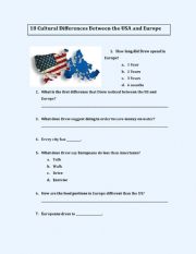 English Worksheet: cultural differences between Europe and USA 