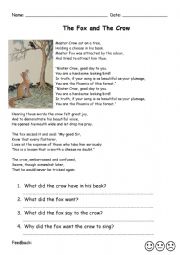 English Worksheet: Comprehension questions for The Fox and The Crow