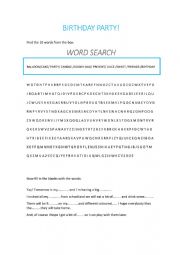 English Worksheet: Birthday party word search