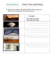English Worksheet: Describing the damages with nouns and past participles as adjectives